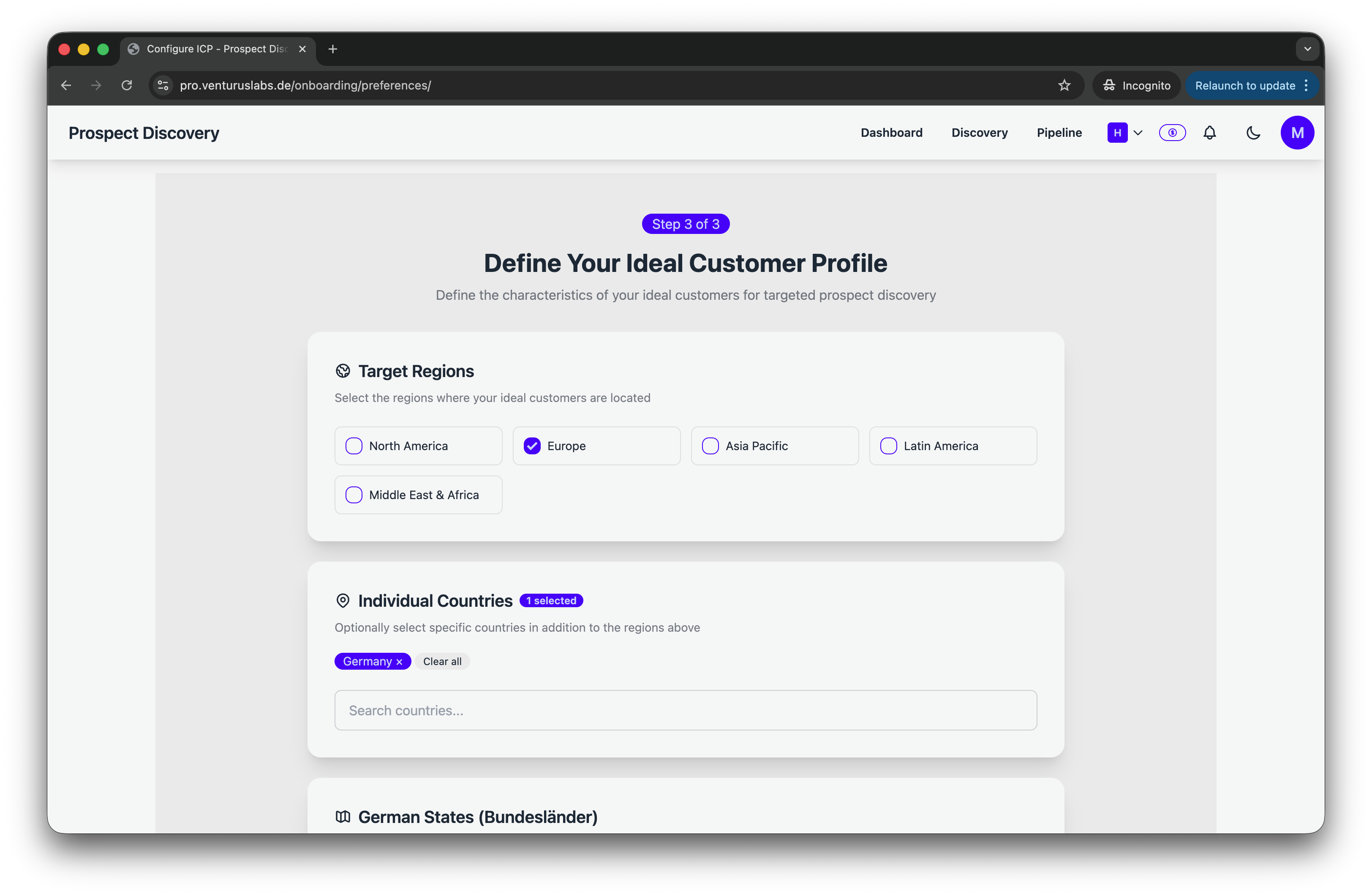 Defining ideal customer profile with region, country, and state targeting