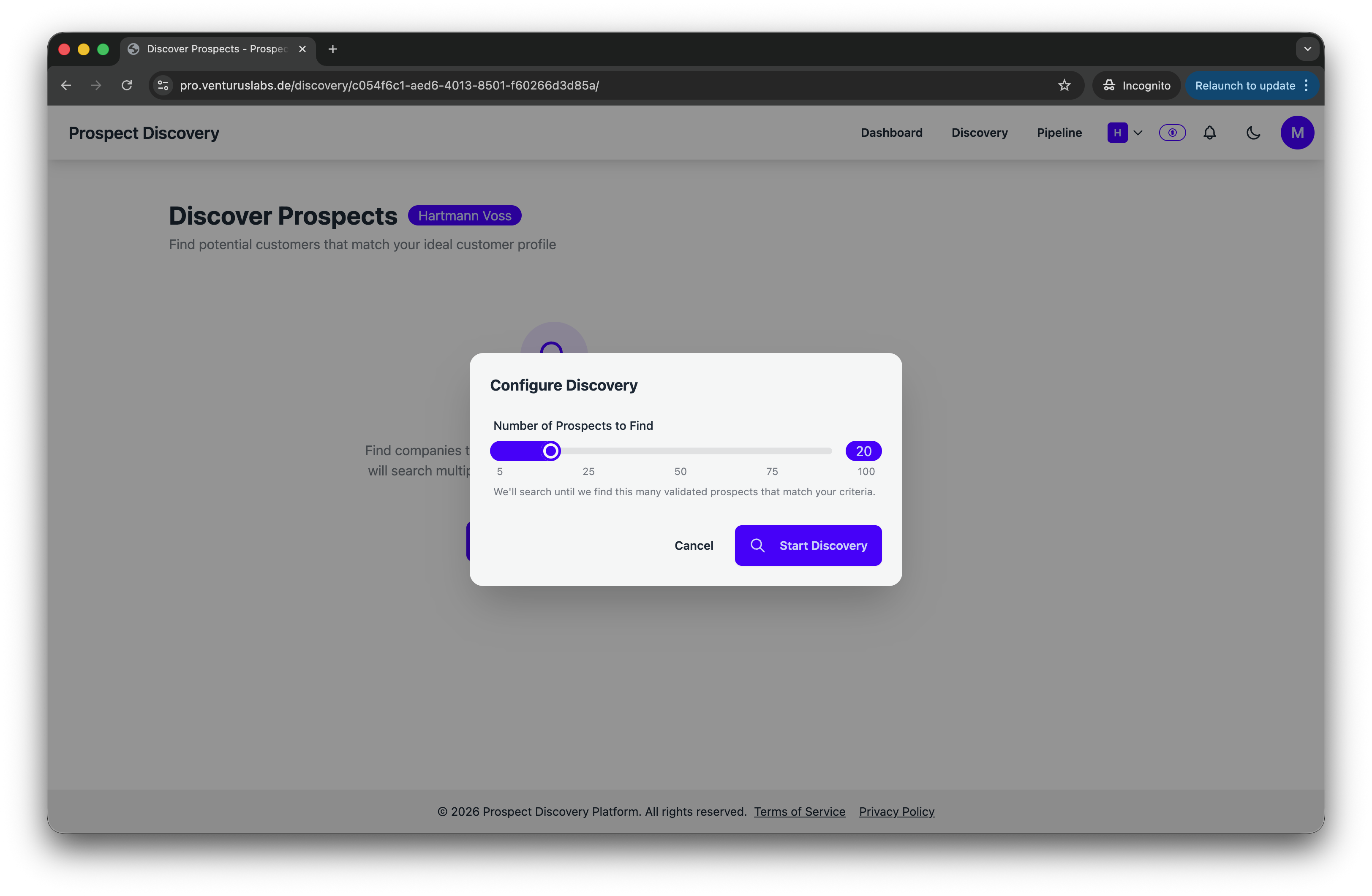 Configure discovery modal to choose number of prospects to find