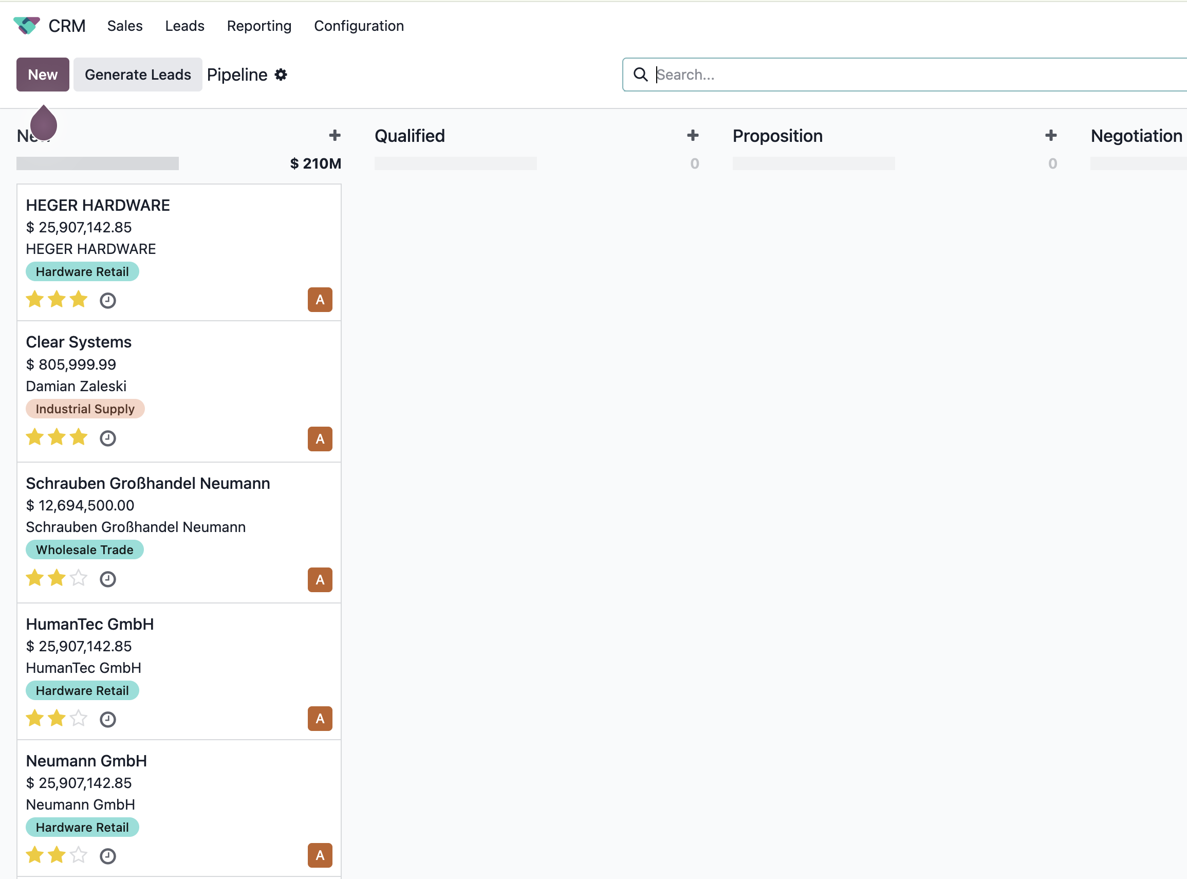 Discovered leads in Odoo CRM pipeline with deal values and industry tags